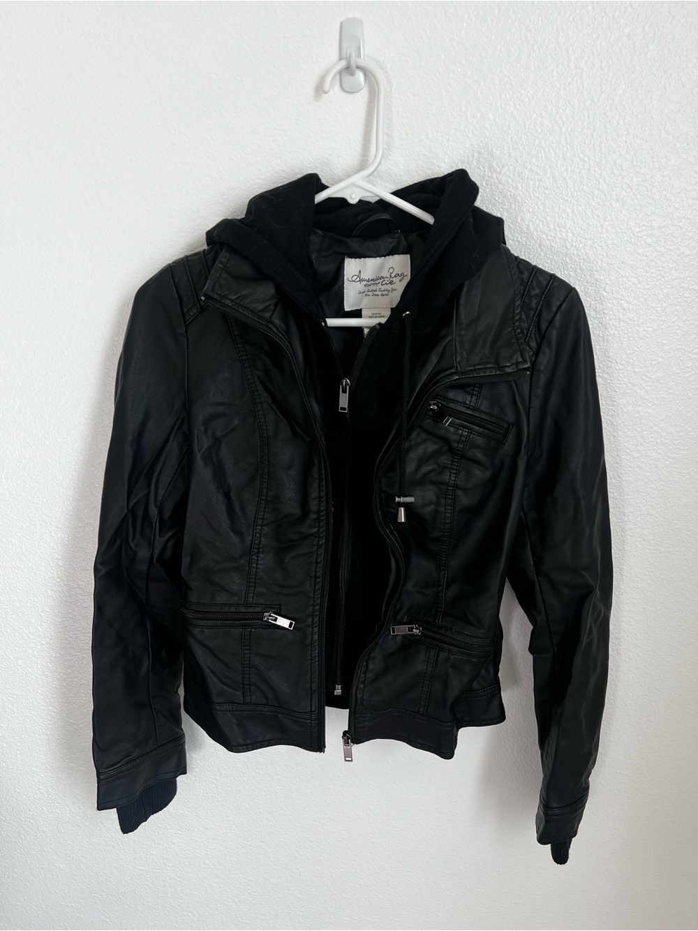 American Rag Black Faux Leather Hooded Moto Jacket